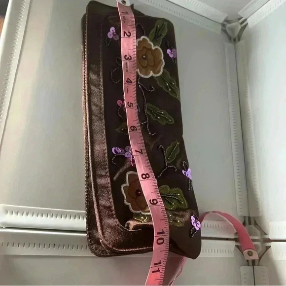 Brown Satin Clutch Purse Appliqued Floral Beaded Evening Zippered Bag - Picture 6 of 8